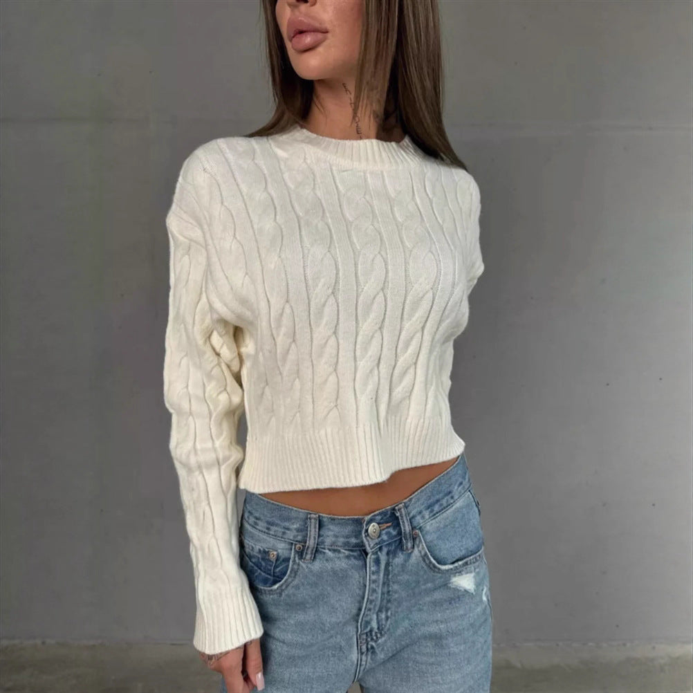 Damen Kurzer Boxy-Zopfstrickpullover mit geripptem Saum und Rundhalsausschnitt EB