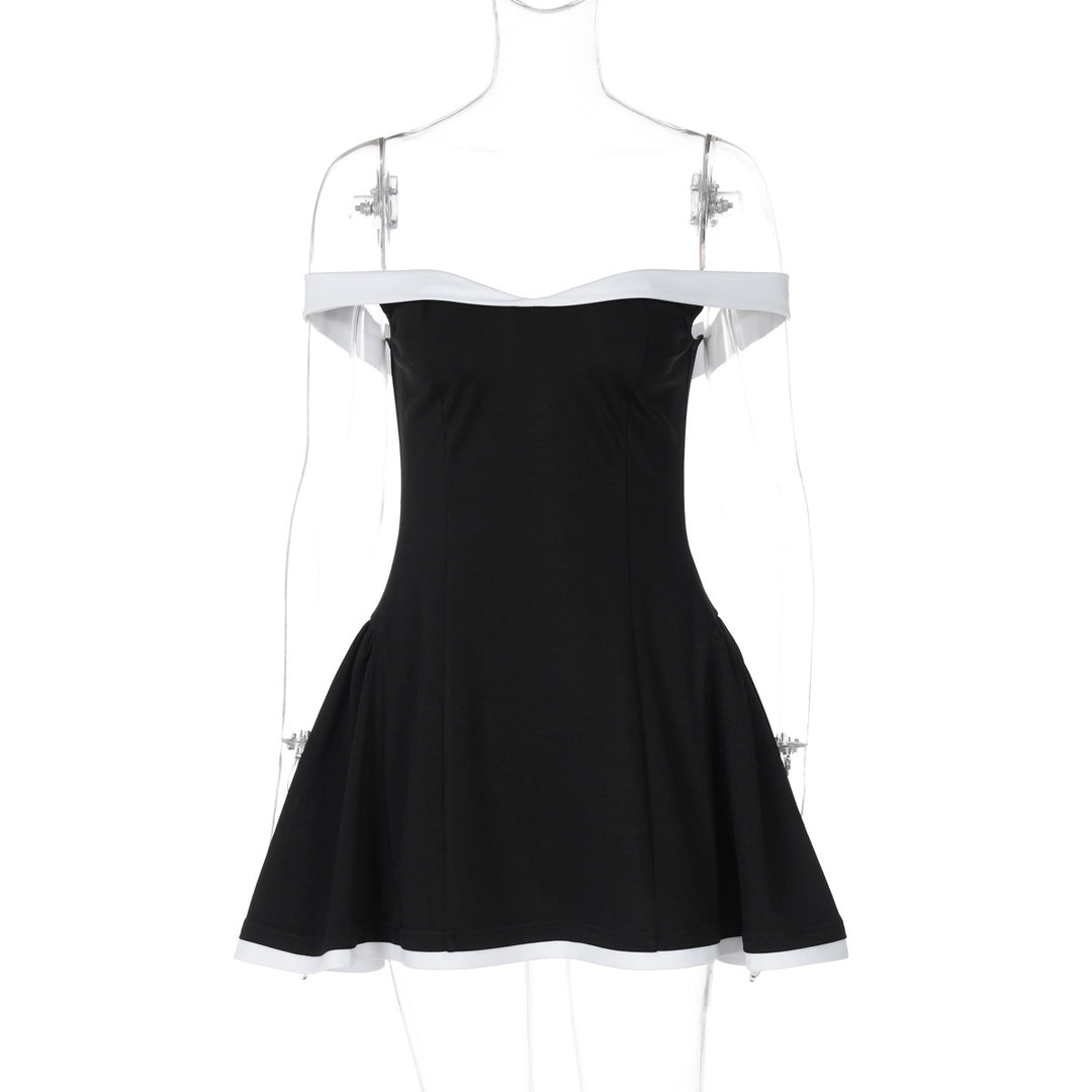 Damen Off-Shoulder Mini-Kleid mit voluminösem Rock und kontrastierenden Säumen EB