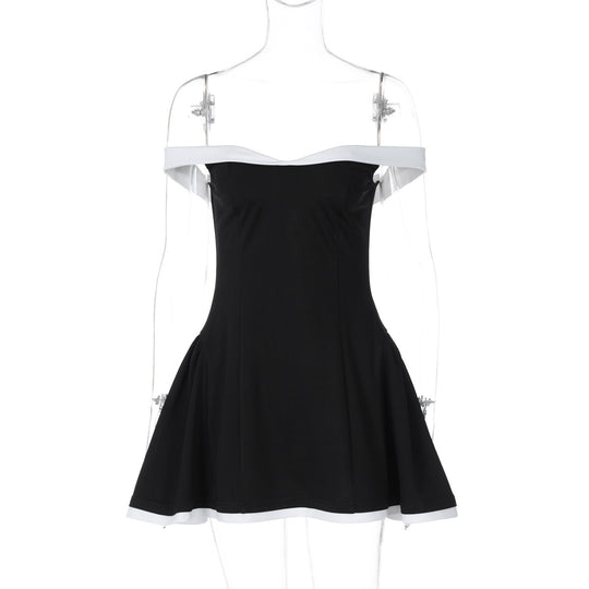 Damen Off-Shoulder Mini-Kleid mit voluminösem Rock und kontrastierenden Säumen EB