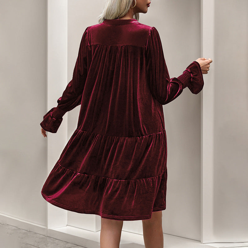 Damen V-Ausschnitt Mini-Kleid mit voluminösen Ärmeln und Rüschendesign EB