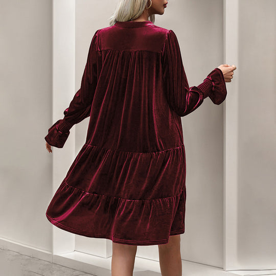 Damen V-Ausschnitt Mini-Kleid mit voluminösen Ärmeln und Rüschendesign EB