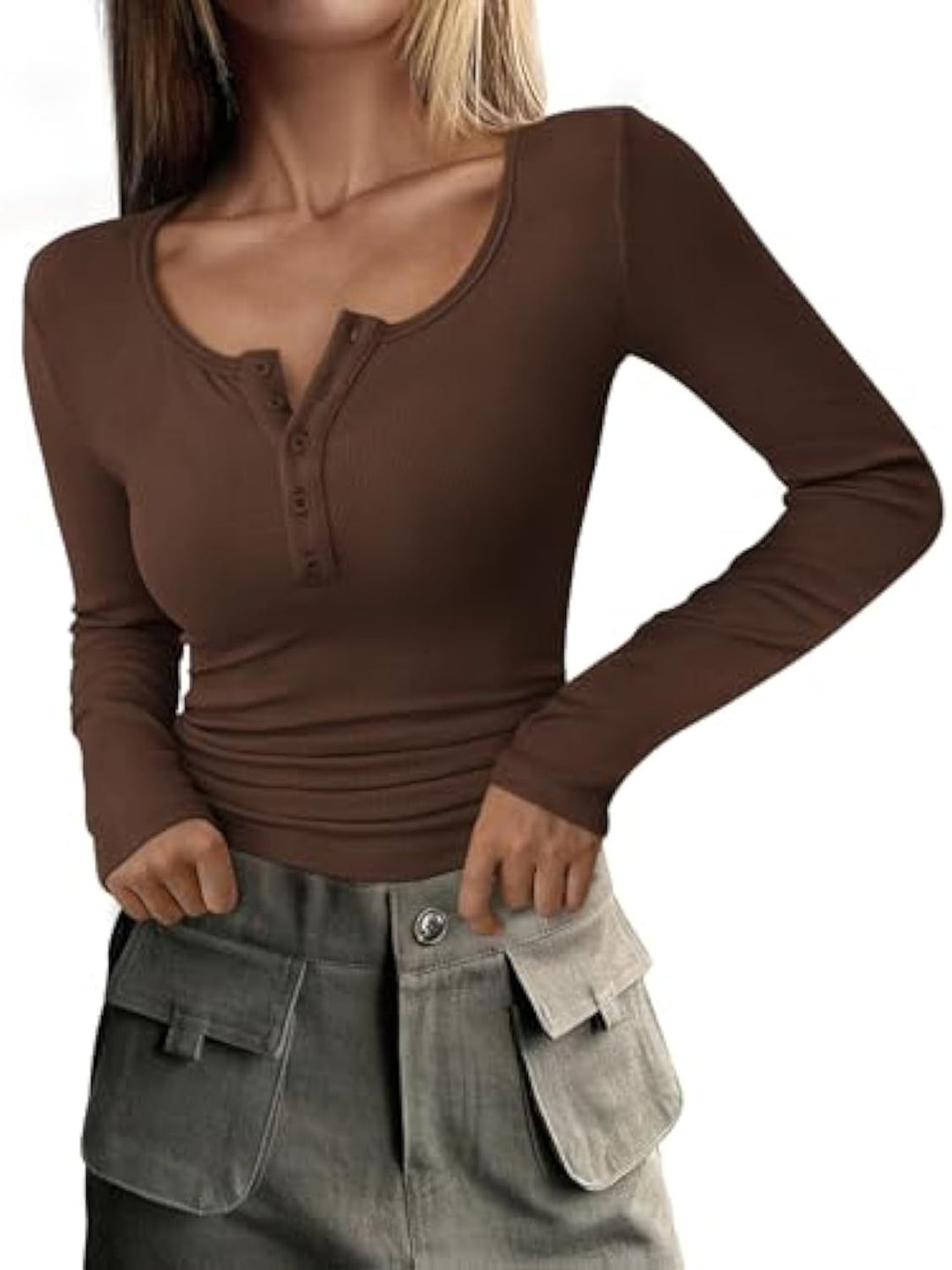 Damen Langärmeliges Rippshirt mit Henley-Knopfleiste und taillierter Passform EB