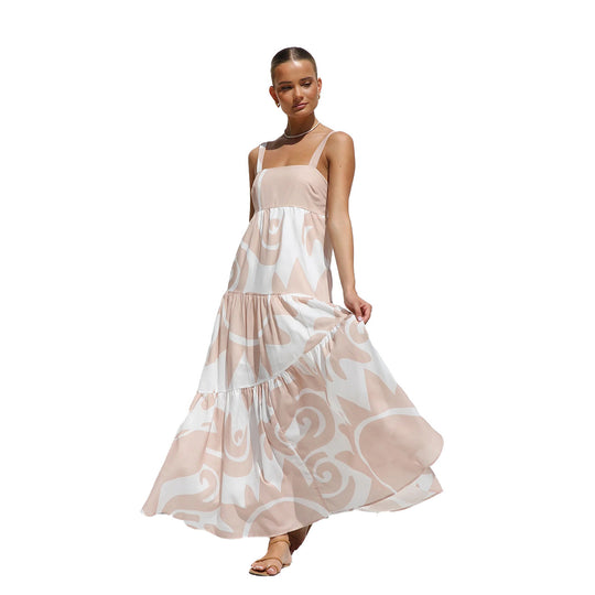 Damen Maxikleid mit modernem grafischen Muster und luftigen Volants EB