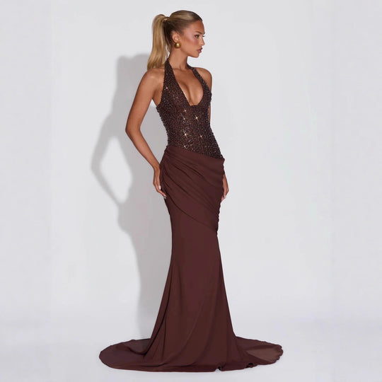 Damen Glamouröses Abendkleid mit tiefem V-Ausschnitt und dekorativen Pailletten EB