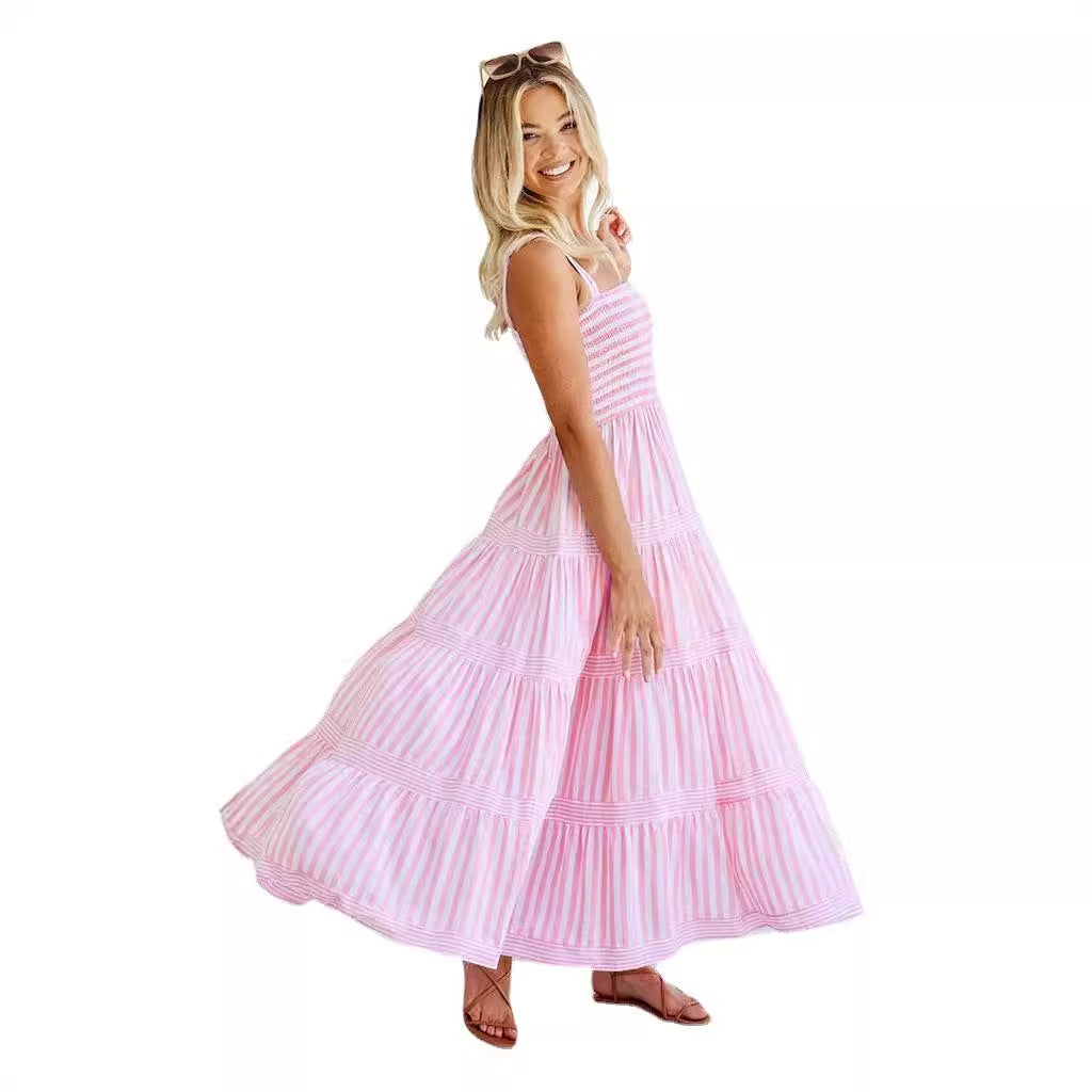 Damen Lange Sommerkleid mit schmalen Trägern und voluminösem Rock EB