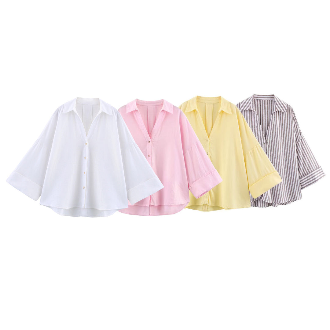 Damen lässige Bluse mit voluminösen Ärmeln und durchgehender Knopfleiste EB