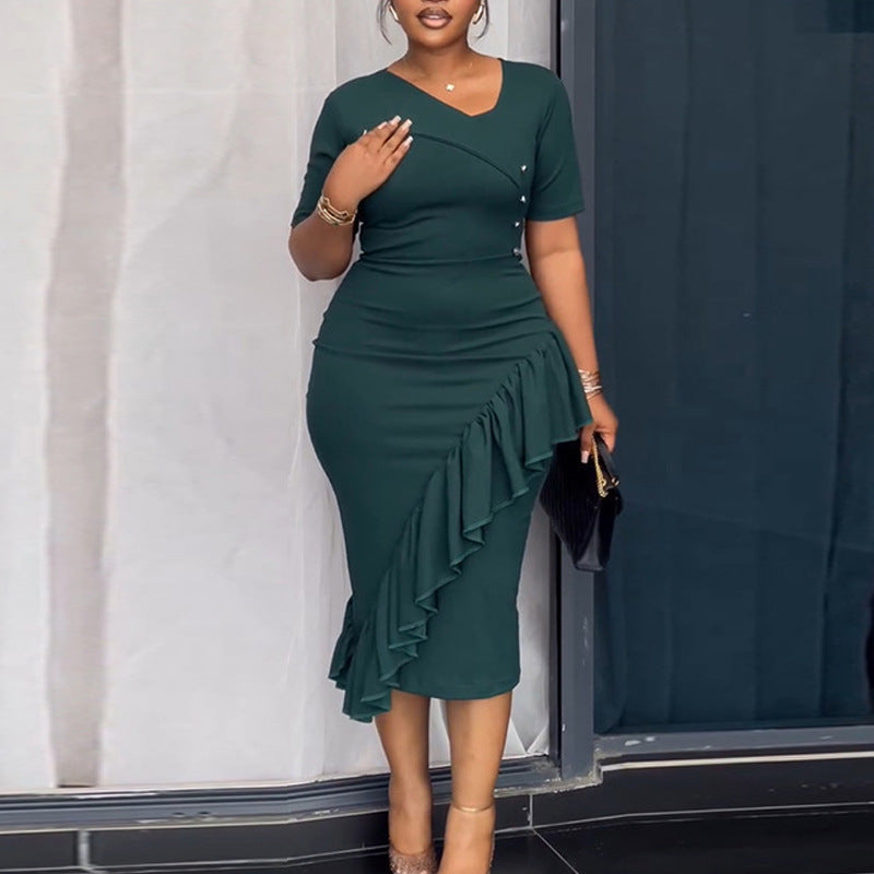 Damen figurumspielendes Kleid mit asymmetrischem Saum und Knopfdesign EB
