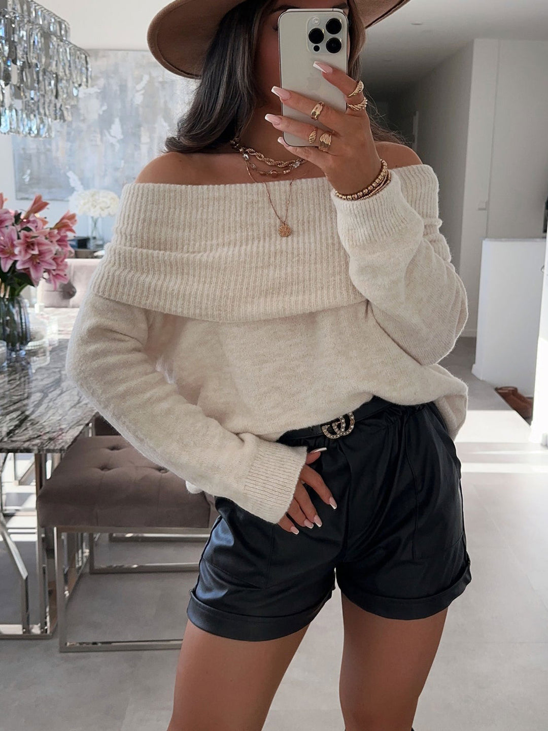 Damen lässiger Off-Shoulder Pullover mit Rippenstruktur EB