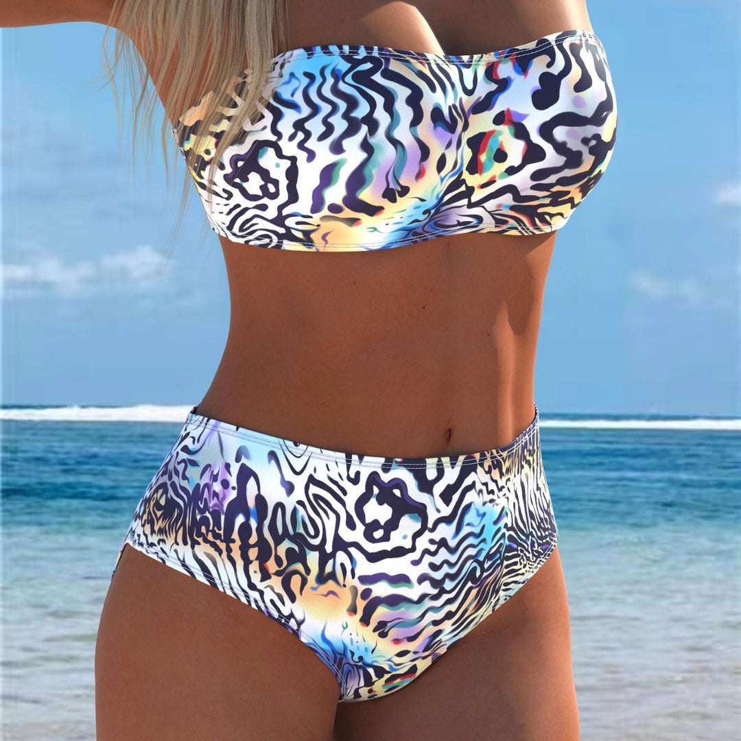 Damen Bandeau-Bikini-Set mit hohem Schnitt und dynamischem Wellenmuster EB