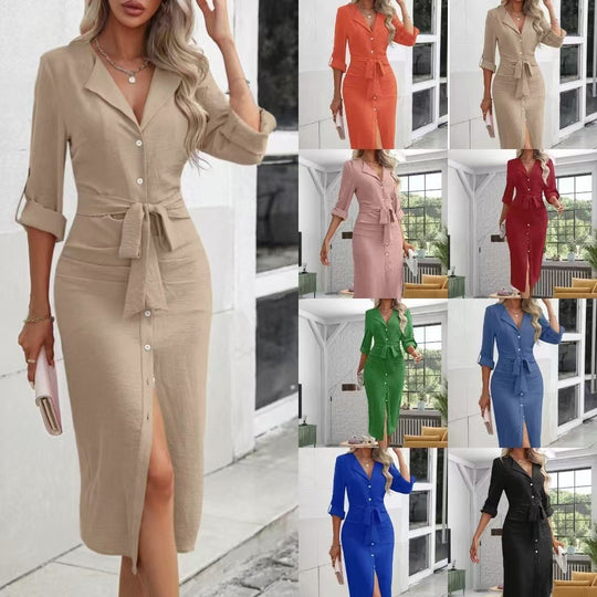 Damen Hemdblusenkleid mit eleganter Taillenschnürung und Knopfleiste EB