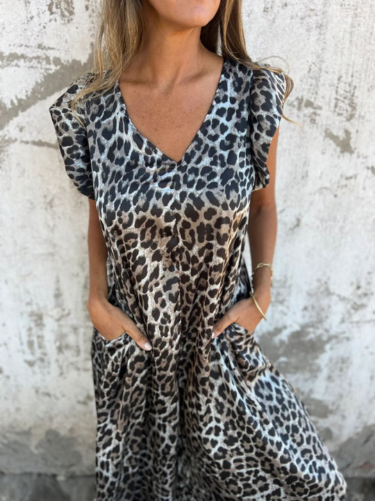 Damen Leichtes Maxikleid im modischen Leopardenlook mit Seitentaschen EB