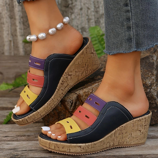 Damen modische Wedge-Pantoletten mit farbigen Trägern und komfortabler Sohle EB