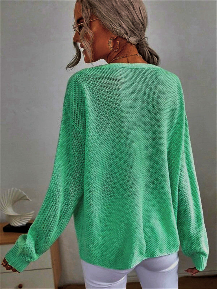Damen lässiger Off-Shoulder Pullover mit tiefem V-Ausschnitt und strukturiertem Strickmuster EB