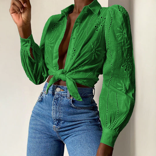 Damen Transparente Bluse mit Stickereien und Rüschendetails EB