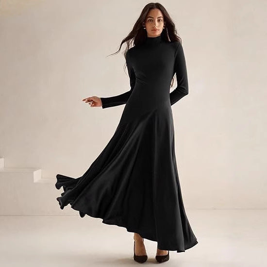 Damen Elegantes Langarm Maxikleid mit hohem Kragen und fließendem Rock EB