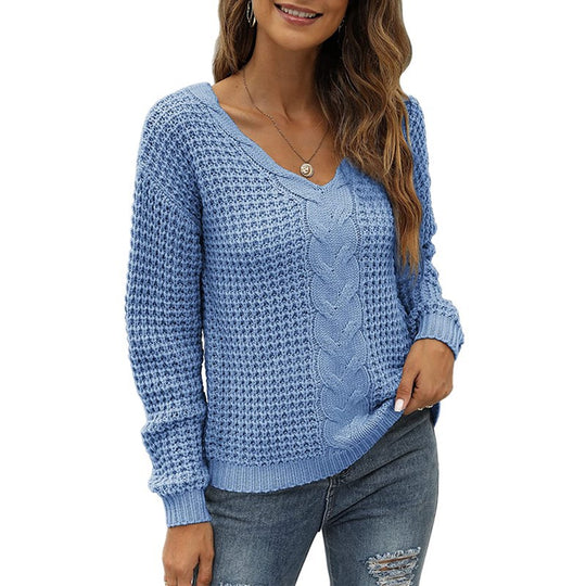 Damen lässiger Strickpullover mit tiefem V-Ausschnitt und detailliertem Zopfmuster EB