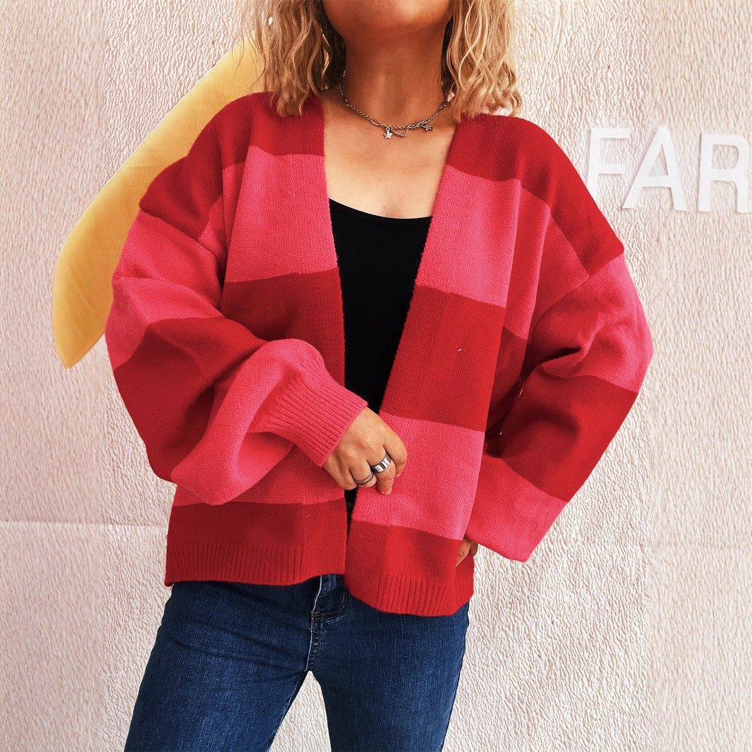 Damen lässige Strickjacke mit breitem Streifenmuster und extra weitem Schnitt EB