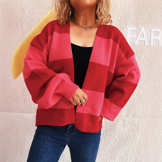 Damen lässige Strickjacke mit breitem Streifenmuster und extra weitem Schnitt EB