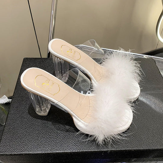 Damen elegante Mules mit transparentem Blockabsatz und feiner Fellverzierung EB