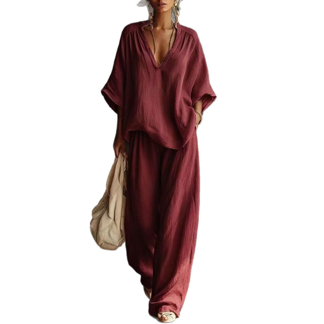 Damen nan lässiges zweiteiliges Leinenoptik-Set mit tiefem V-Ausschnitt, Oversize-Bluse und weitem Palazzo-Hosen EB