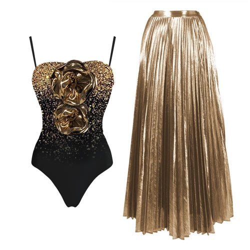 Damen Elegantes Glitzerndes Badeanzug- und Rock-Set EB