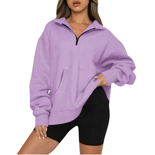 Damen nan Oversize-Halbzip-Kapuzenpullover mit Kängurutasche und verlängertem Saum EB