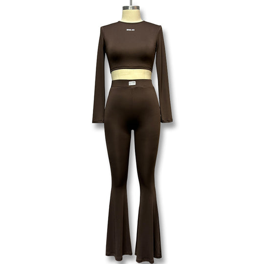 Damen Langarm Cropped Top und Flared Pants Set EB