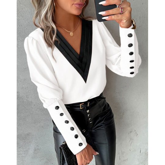 Damen Bluse mit V-Ausschnitt und eleganten Puffärmeln EB