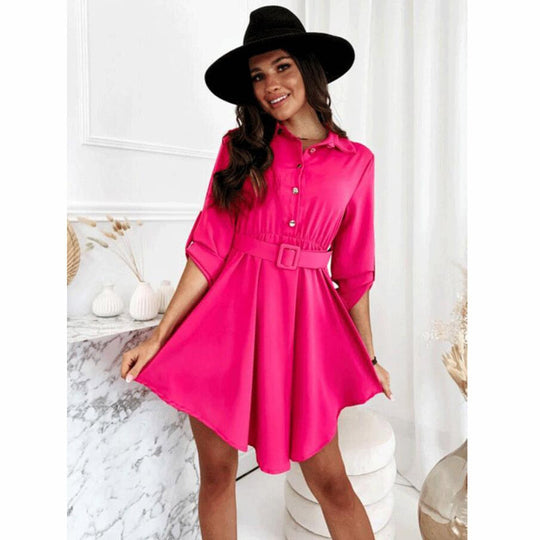 Damen Knielanges Hemdblusenkleid mit Taillengürtel und eleganten Details EB