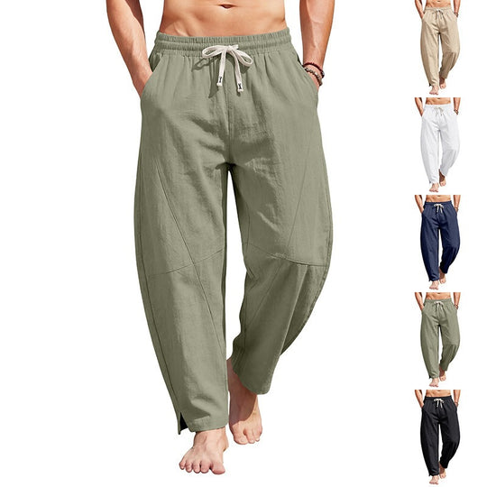 Herren nan lässige Leinen-Loungehose mit elastischem Tunnelzugbund, Kordelzug und seitlichem Beinaufschlag EB