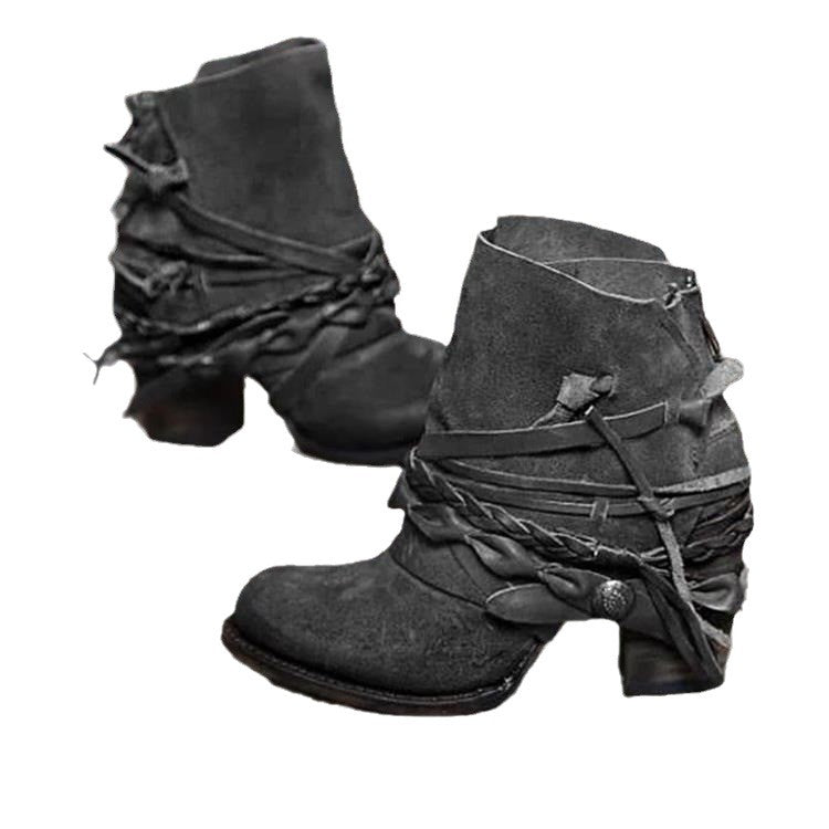Damen Vintage Western-Ankleboots aus Velourslederoptik mit geflochtenen Zierriemen und niedrigem Blockabsatz EB