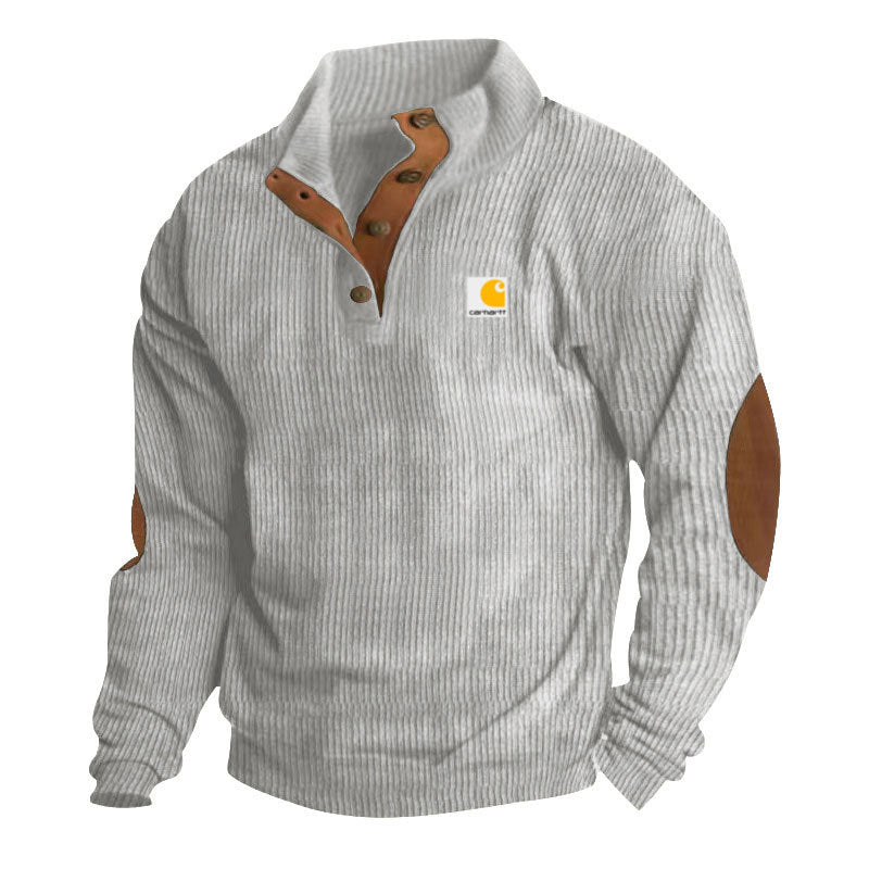 Herren nan Strickpullover im Troyer-Stil mit Stehkragen Lederbesatz Druckknopfleiste und Ellbogen-Patches EB