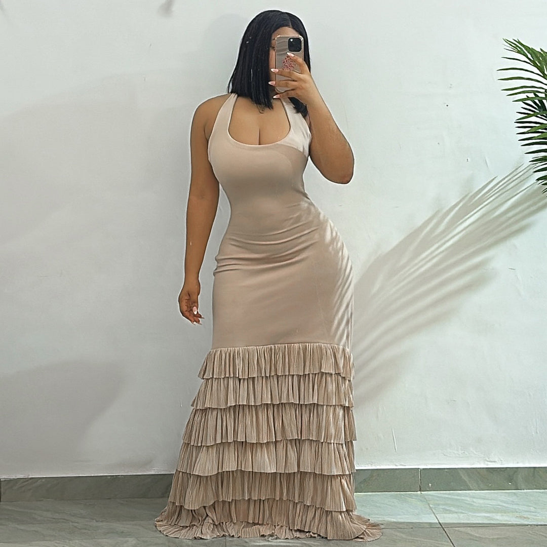 Damen Maxikleid mit raffiniertem Volant und tailliertem Schnitt EB