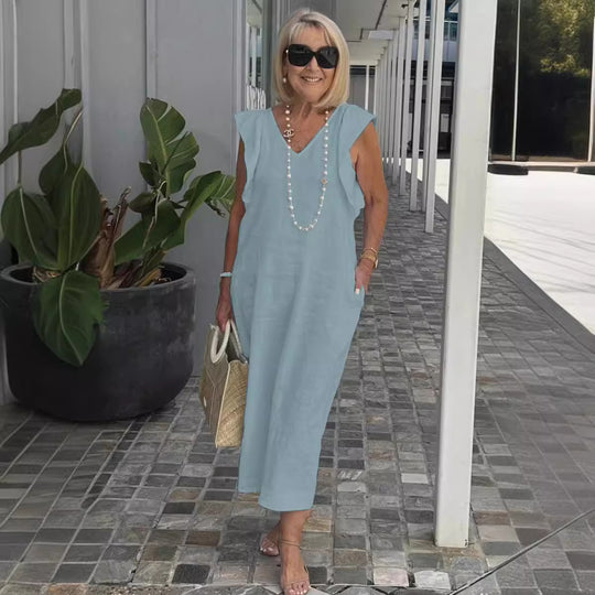 Damen Leichtes Maxikleid mit V-Ausschnitt und seitlichen Taschen EB