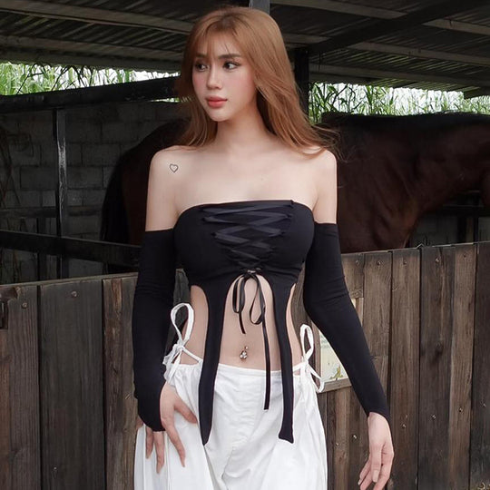 Damen elastisches Off-Shoulder Top mit aufwendiger Schnürung EB