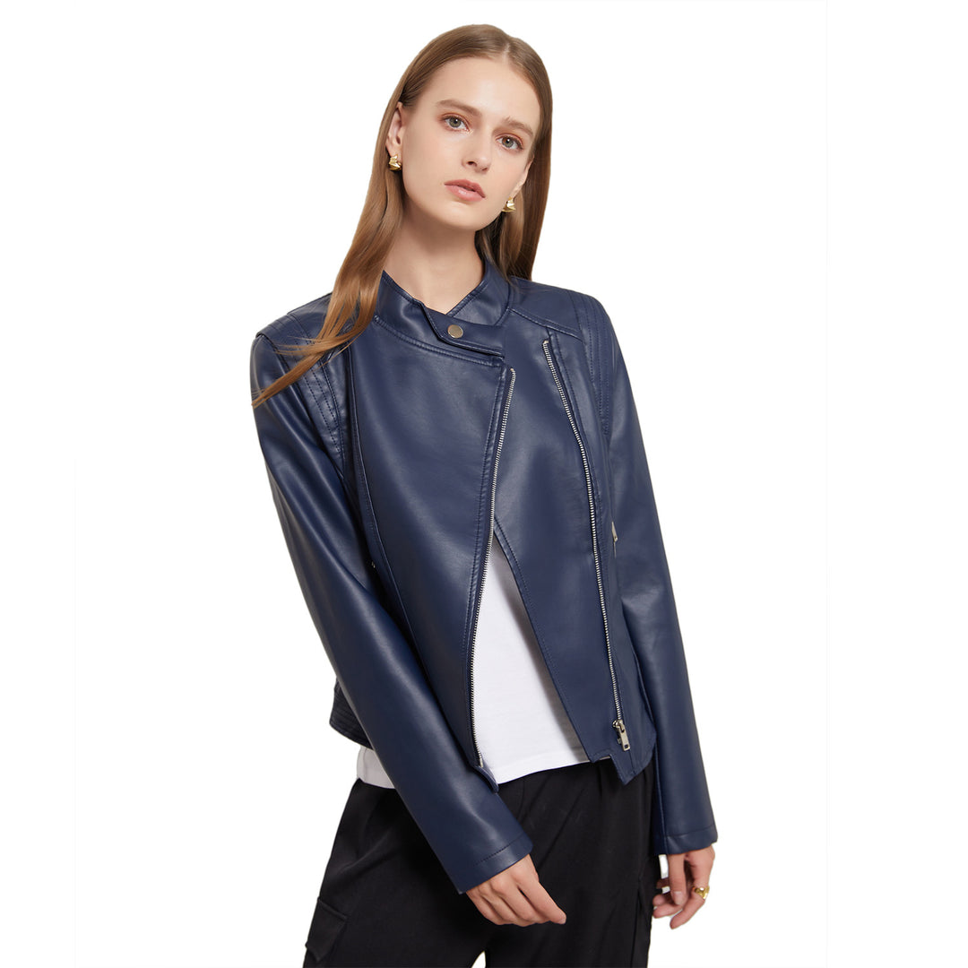 Damen nan kurze taillierte Bikerjacke aus Kunstleder mit asymmetrischem Reißverschluss EB