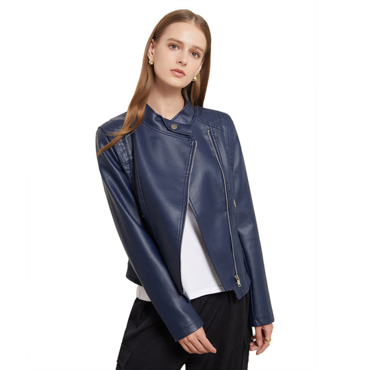 Damen nan kurze taillierte Bikerjacke aus Kunstleder mit asymmetrischem Reißverschluss EB