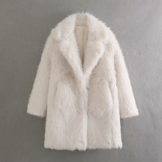 Damen Kunstfellmantel mit schickem Revers und tiefen Taschen EB