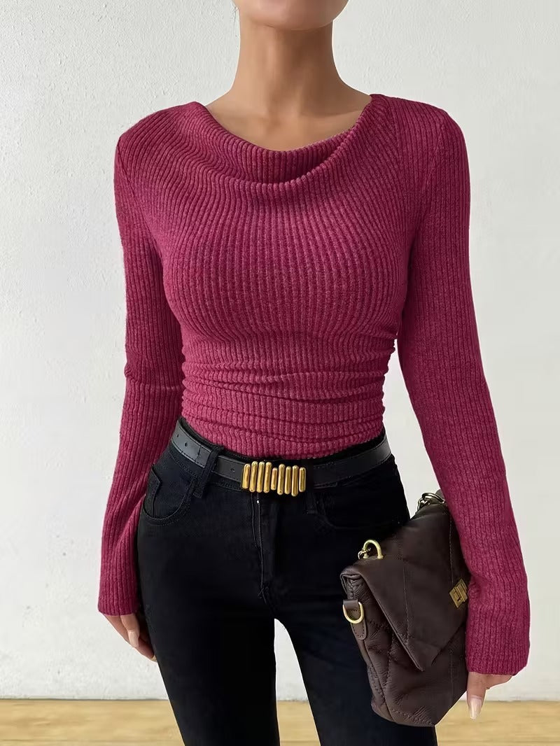 Damen nan eng anliegendes Rippenstrick-Longsleeve mit geraffter Taille EB