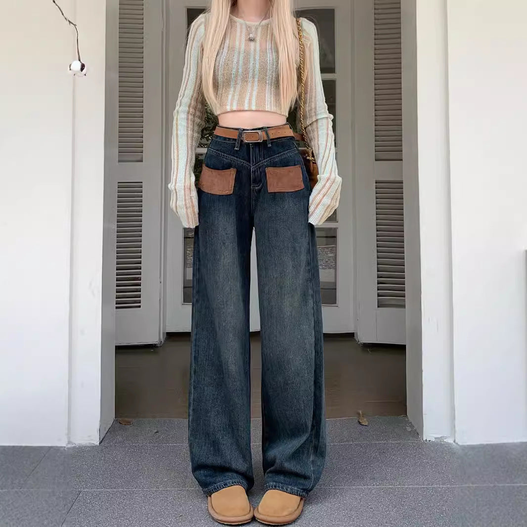 Damen Weite Jeanshose mit modischen Taschen und hohem Bund EB