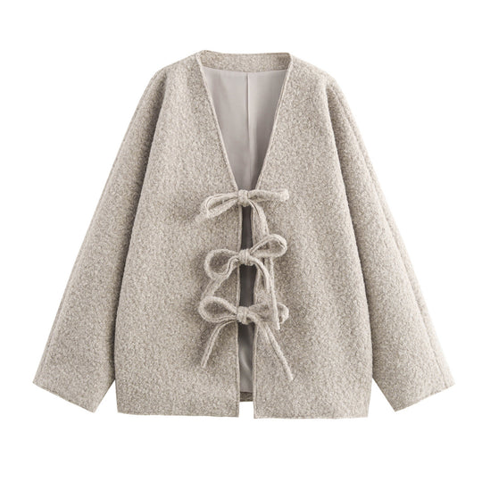 Damen Oversized Wolljacke mit dekorativen Schleifendetails EB
