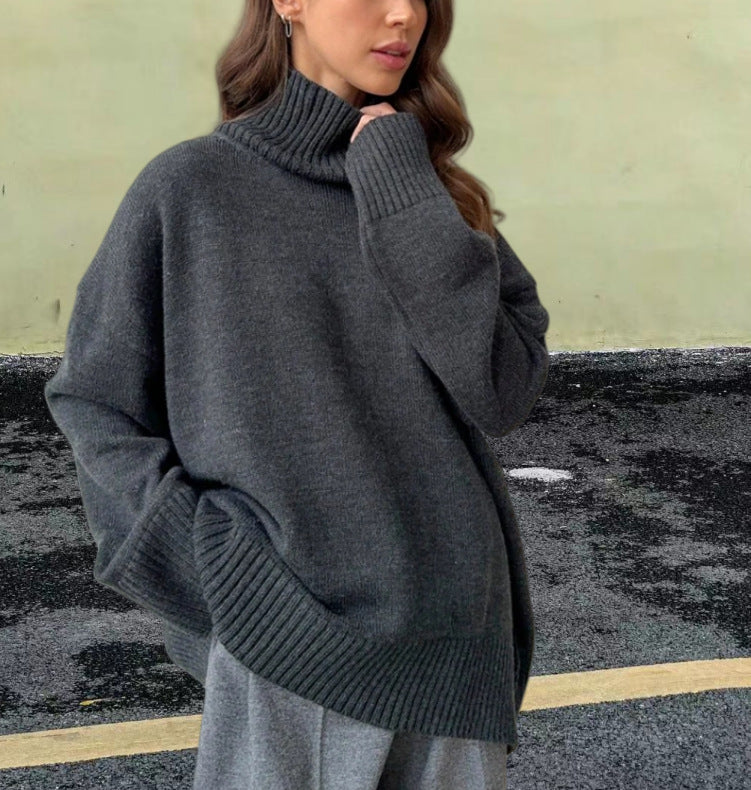 Damen Strickpullover mit hohem Kragen und weitem Schnitt EB