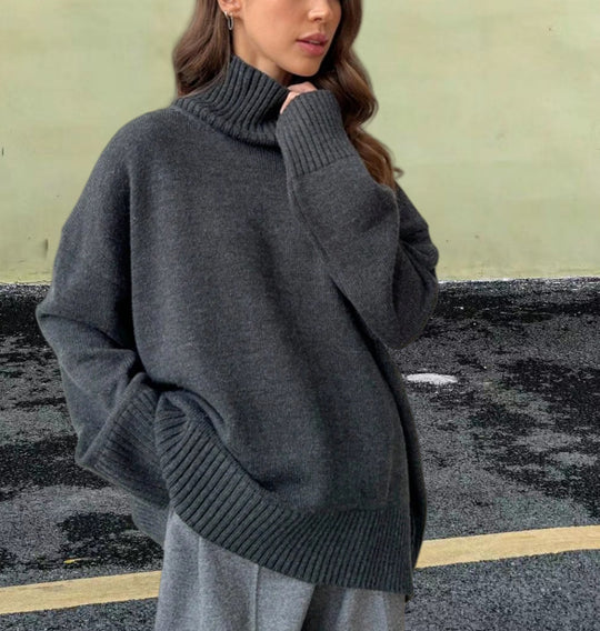 Damen Strickpullover mit hohem Kragen und weitem Schnitt EB