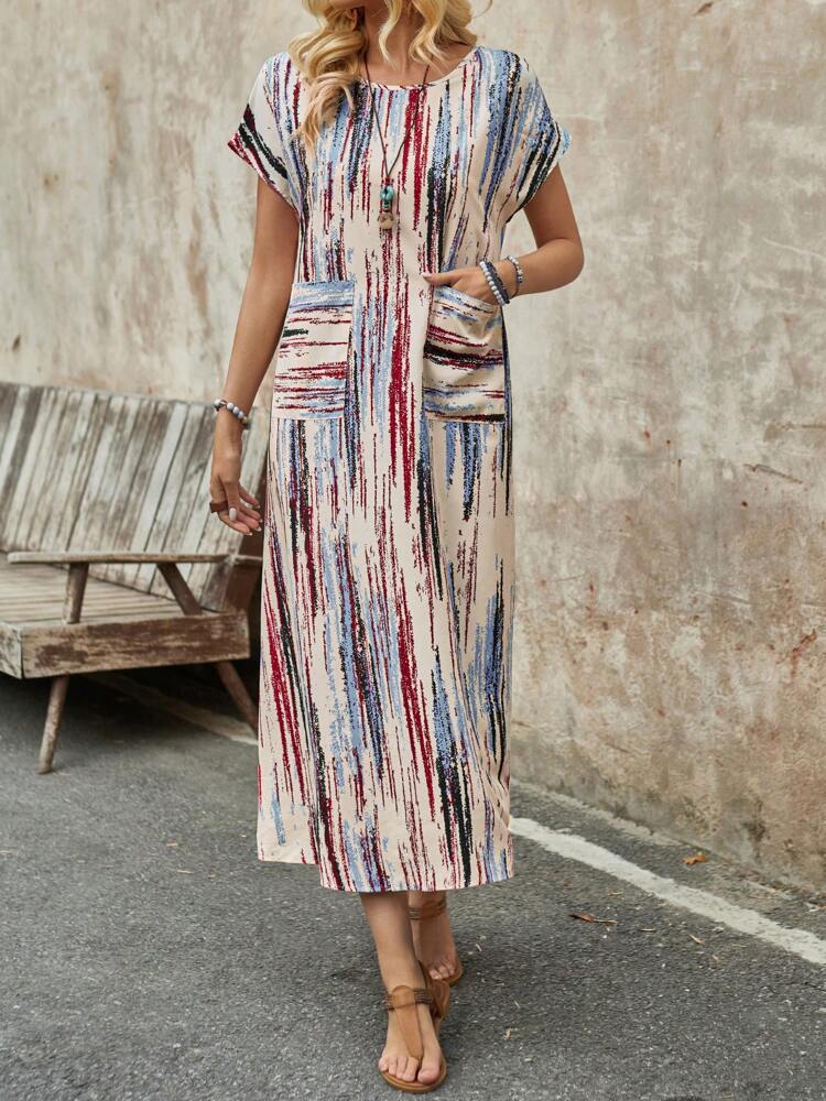 Damen Maxikleid mit praktischen Taschen und modischem Streifenmuster EB