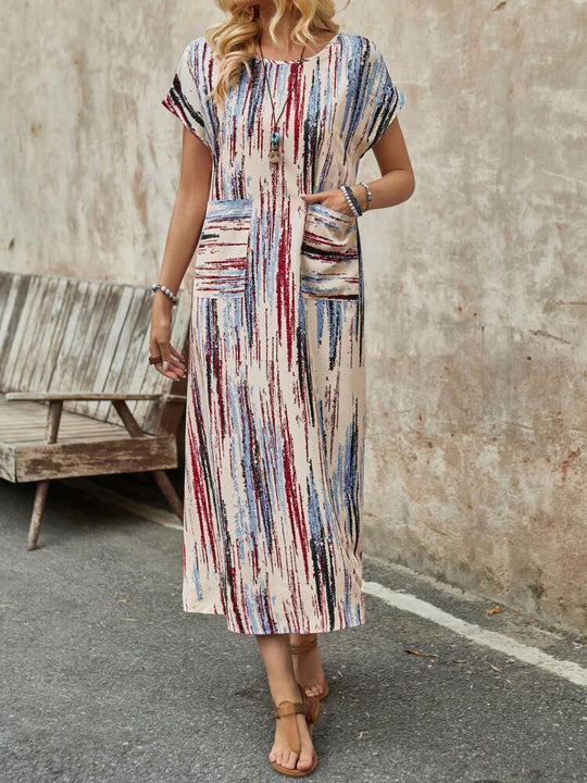 Damen Maxikleid mit praktischen Taschen und modischem Streifenmuster EB