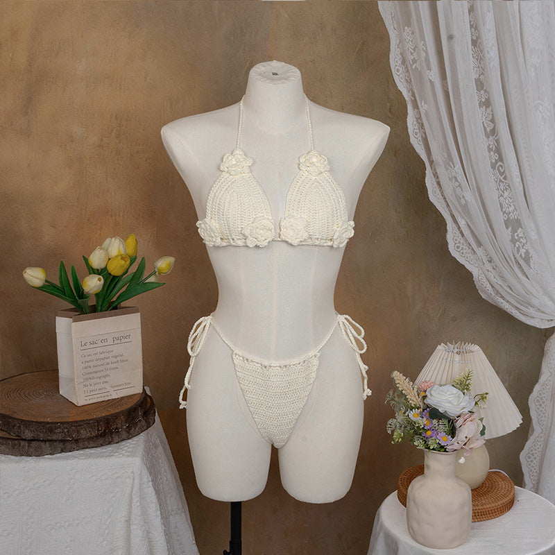 Damen Häkel-Bikini mit verspieltem Blumendesign und verstellbaren Bändern EB
