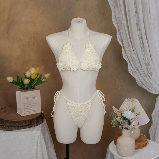 Damen Häkel-Bikini mit verspieltem Blumendesign und verstellbaren Bändern EB