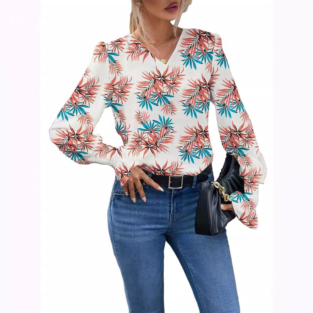 Damen Elegante Bluse mit floralem Design und weiten Ärmeln EB