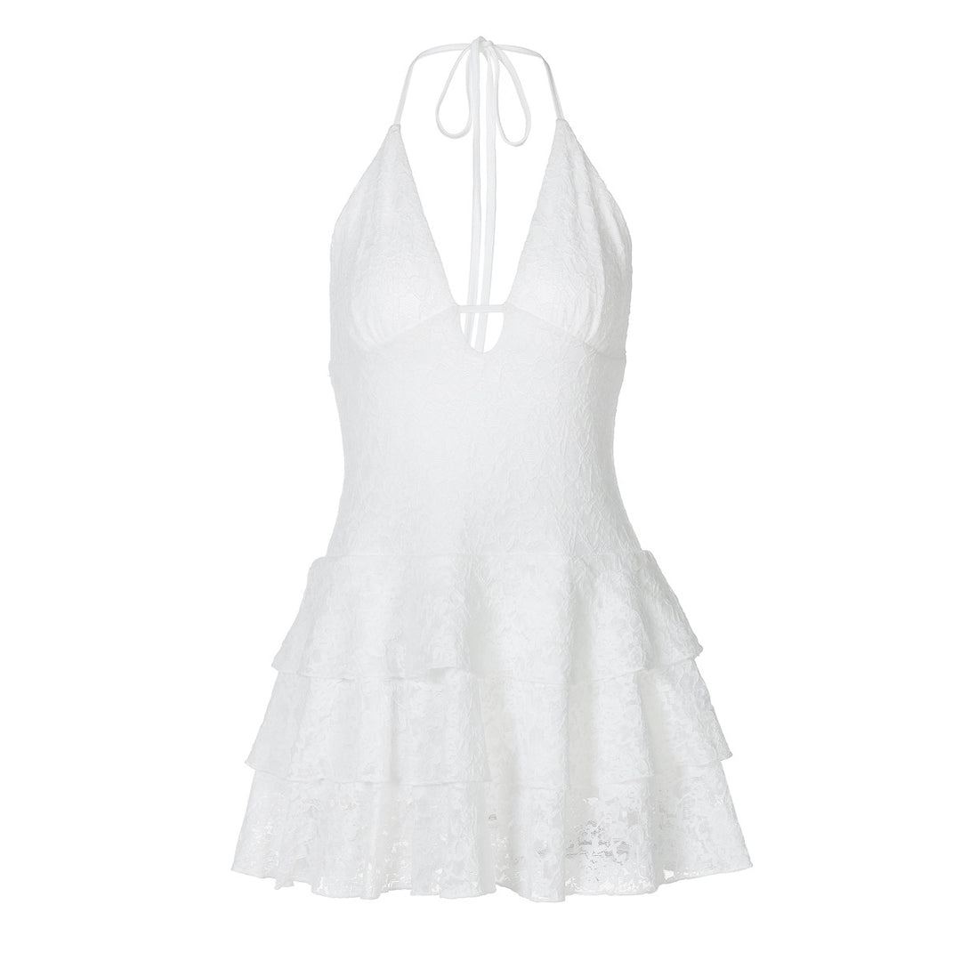 Damen luftiges Sommerkleid mit raffiniertem V-Ausschnitt und voluminösem Rock EB
