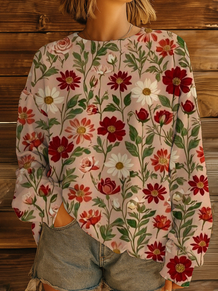 Damen Geblümter Oversize-Sweatshirt-Pullover mit Rundhals und Ballonärmeln EB